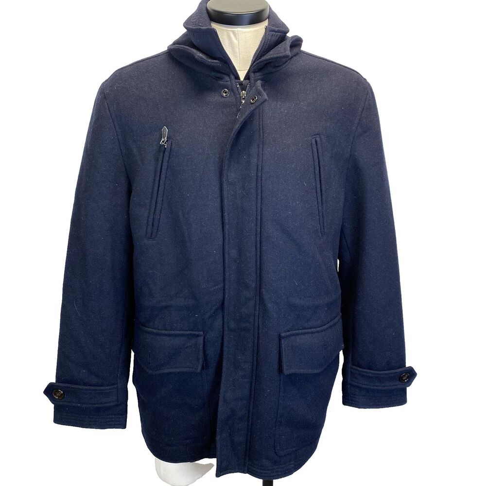 Tasso Elba Coat Men's L Blue Wool Blend Zip Front Car Coat Removable Quilt Liner